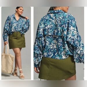 Anthropologie PILCRO Batwing Oversized Cropped Blouse Blue Print Size 2X
